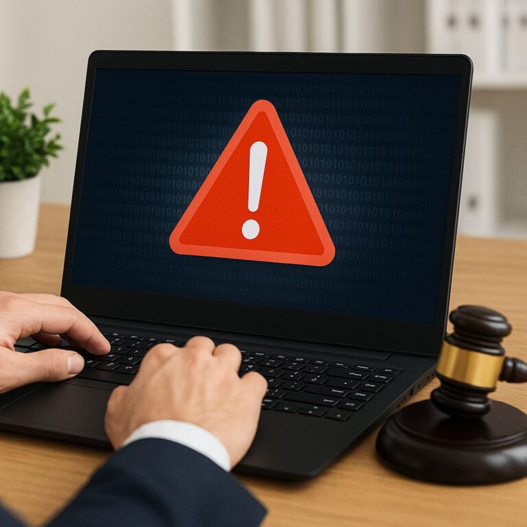 A laptop screen displaying a red security warning alert next to a judge's gavel, representing legal support for a cyber security incident.