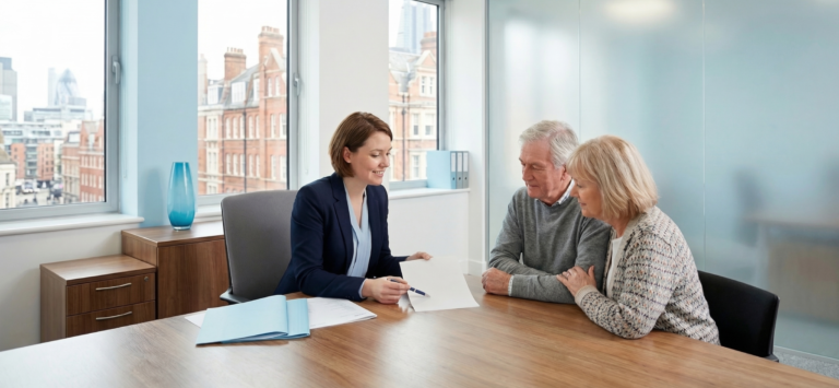 A professional solicitor at Gregory Abrams Davidson discussing a Lasting Power of Attorney document with a senior couple in a bright, modern office with a light blue and grey colour palette.