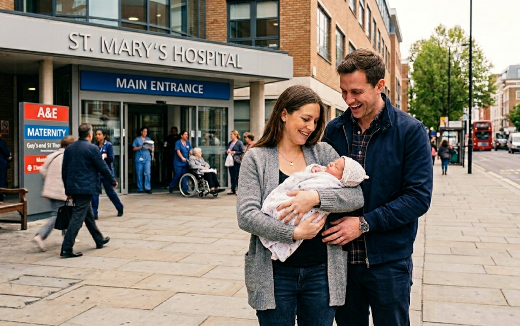 A young couple smiling while holding their newborn baby outside the maternity unit entrance of a London hospital. Representing families supported by Gregory Abrams Davidson Solicitors (Liverpool, London, Wirral) in maternity negligence and birth injury claims.