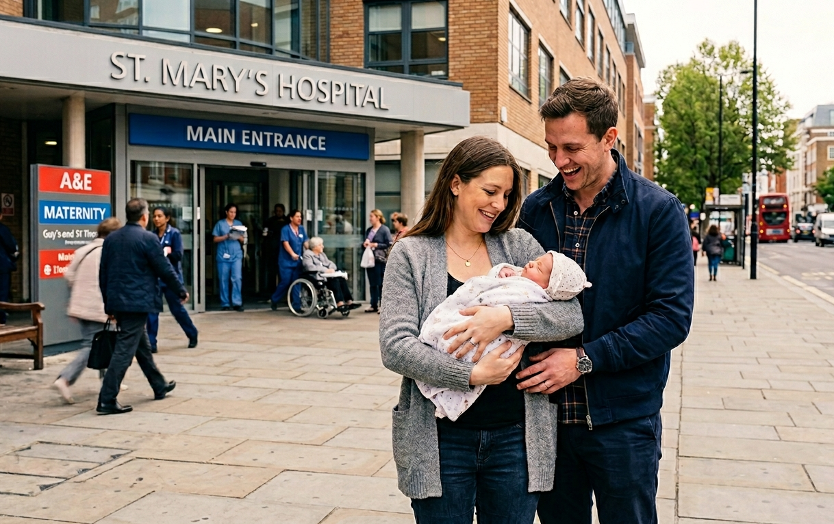 A young couple smiling while holding their newborn baby outside the maternity unit entrance of a London hospital. Representing families supported by Gregory Abrams Davidson Solicitors (Liverpool, London, Wirral) in maternity negligence and birth injury claims.